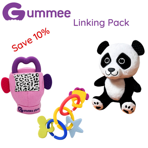Gummee Linking Pack - Gummee Glove Pink, Link N Teethe and Plushee Panda