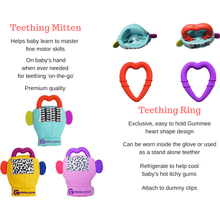 Laden Sie das Bild in den Galerie-Viewer, A guide on features of the 3 different colour Gummee Glove teething  glove