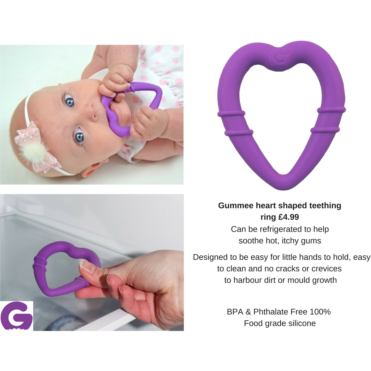 Gummee Heart Shaped Silicone Teething Ring Purple