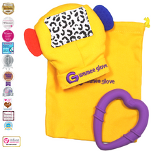 Laden Sie das Bild in den Galerie-Viewer, gummee glove teething mitten for babies teething ring set with silicone baby teether with detachable heart teether and laundry / travel bag