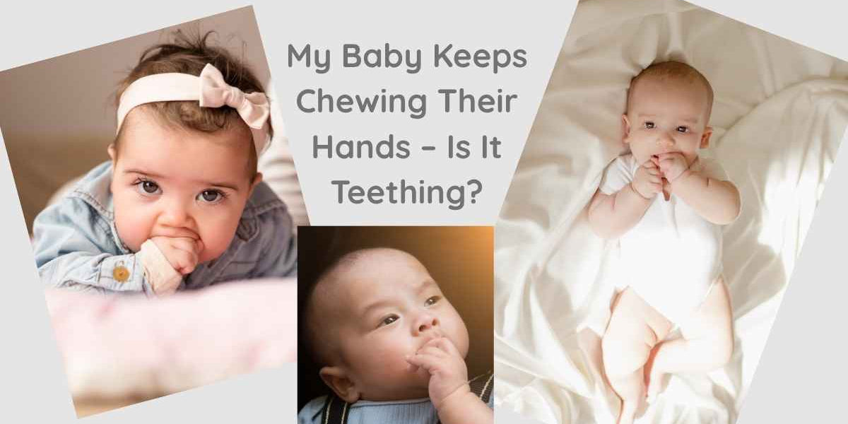 Three babies chewing their hands, illustrating common early teething and hand-mouthing behaviour.