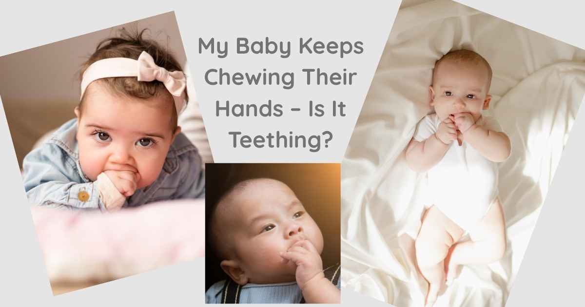 Three babies chewing their hands, illustrating common early teething and hand-mouthing behaviour.
