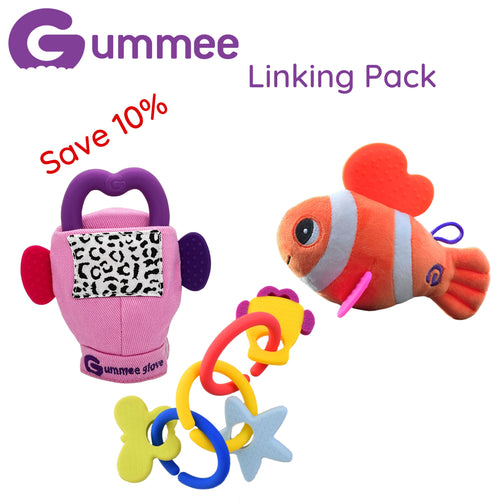 Gummee Deluxe Pack – Gummee Glove Pink und Link N Teethe