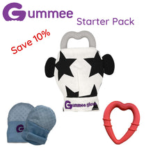 Load image into Gallery viewer, Gummee Starter Pack - Blue Mitts, Gummee Glove Black/White and Orange Heart