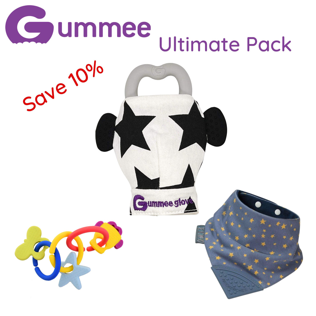 Gummee Ultimate Pack GG Schwarz/Weiß, Link N Teethe und Midnight Stars Lätzchen