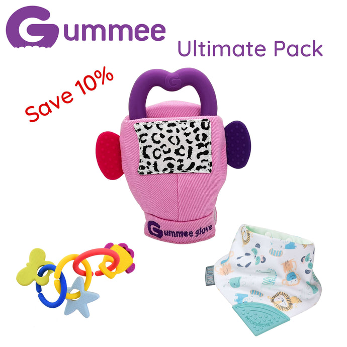 Gummee Ultimate Pack GG Pink, Link N Teethe and Cheeky Animals Bib