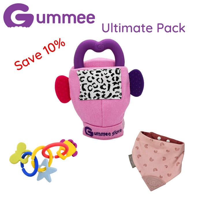 Gummee Ultimate Pack GG Pink, Link N Teethe and Rainbow Rose Bib