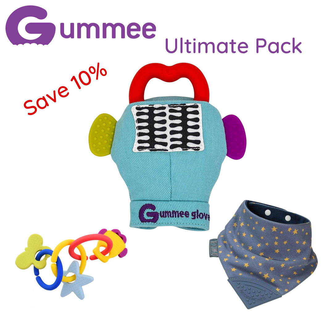 Gummee Ultimate Pack GG Türkis, Link N Teethe und Midnight Stars Lätzchen