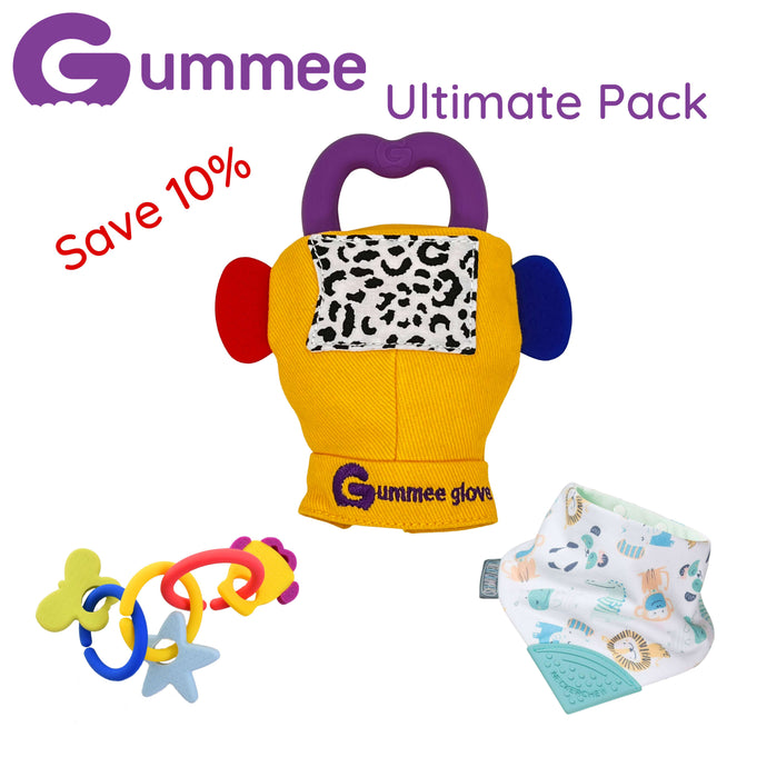 Gummee Ultimate Pack GG Yellow, Link N Teethe and Cheeky Animals Bib