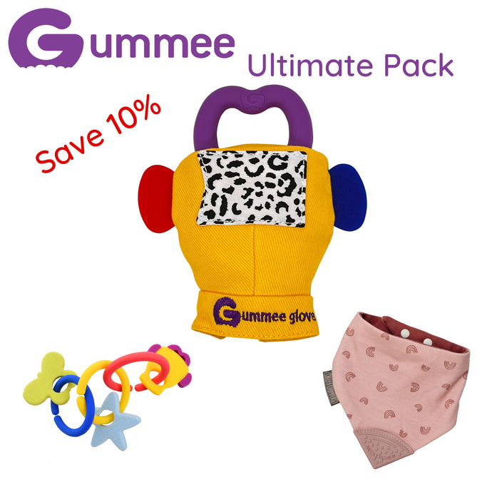 gummee glove, link n teethe and pink teething bib