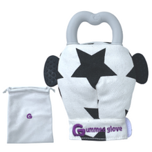 Load image into Gallery viewer, Gummee Glove teether glove with grey heart silicone ring inserted