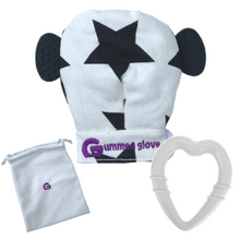 Load image into Gallery viewer, gummee glove teething mitten for babies black and white with grey detachable heart teether and grey laundry / travel bag