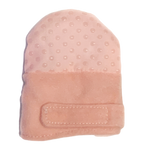 back of anti scratch teething mittens showing hook and loop closure