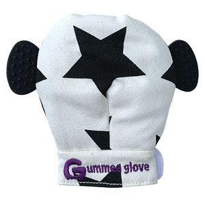 Black stars on white glove Gummee Glove teething mitten
