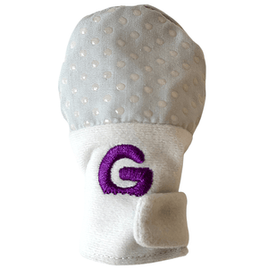 Gummee-Starterpaket (graue Handschuhe, türkisfarbener Gummee-Handschuh und lila Herz)