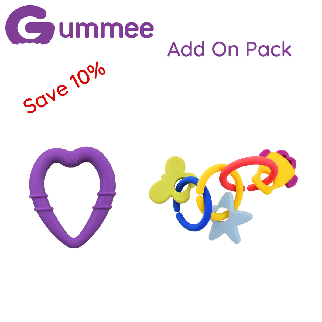 Gummee Add-On-Paket – Purple Heart Beißring und Link N Teethe 