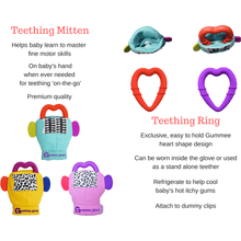 Load image into Gallery viewer, A guide on features of the 3 different colour Gummee Glove teething  glove