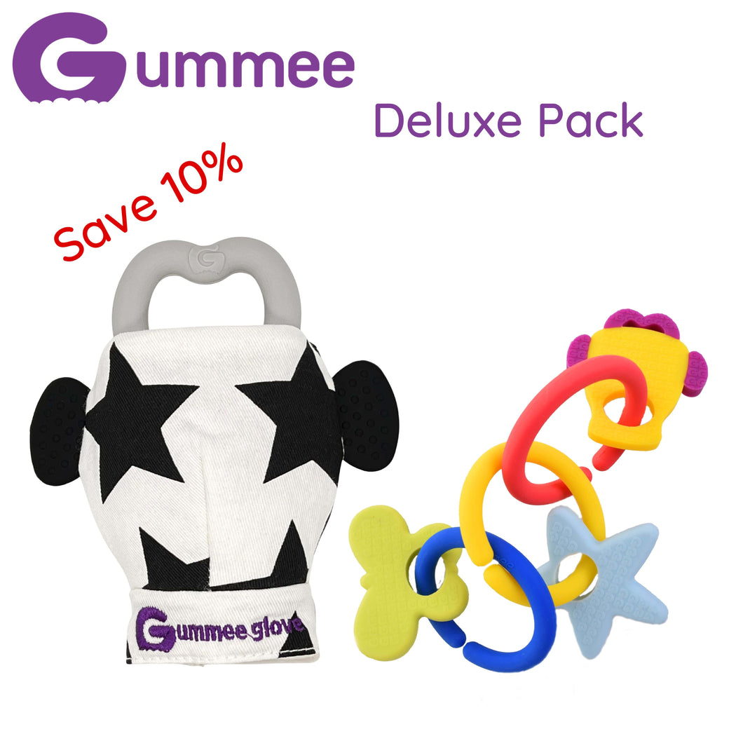 Gummee Deluxe Pack-Gummee Handschuh Schwarz und Weiß und Link N Teethe