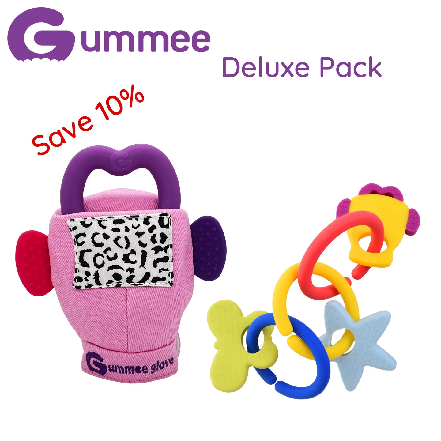 Gummee Deluxe Pack – Gummee Glove Pink und Link N Teethe