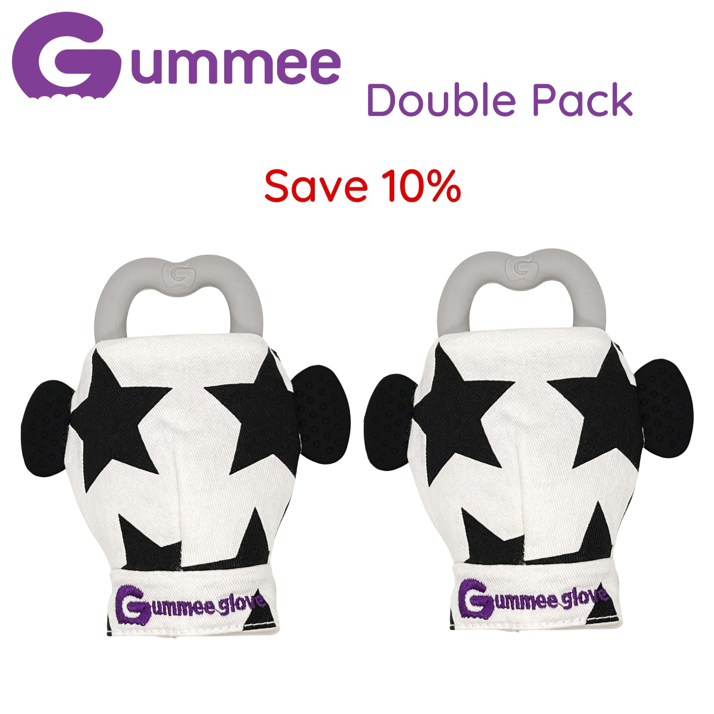 Gummee Doppelpack Beißhandschuhe Schwarz und Weiß Monochrom mit grauem Herzring 
