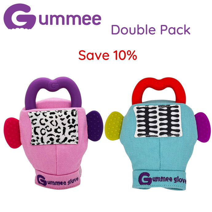Gummee Double Pack teething mittens Turquoise and Pink