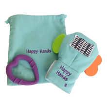Laden Sie das Bild in den Galerie-Viewer, Gummee mouthing gloves for additional / special needs for any child that bites their hands travel / laundry bag and detachable heart teether