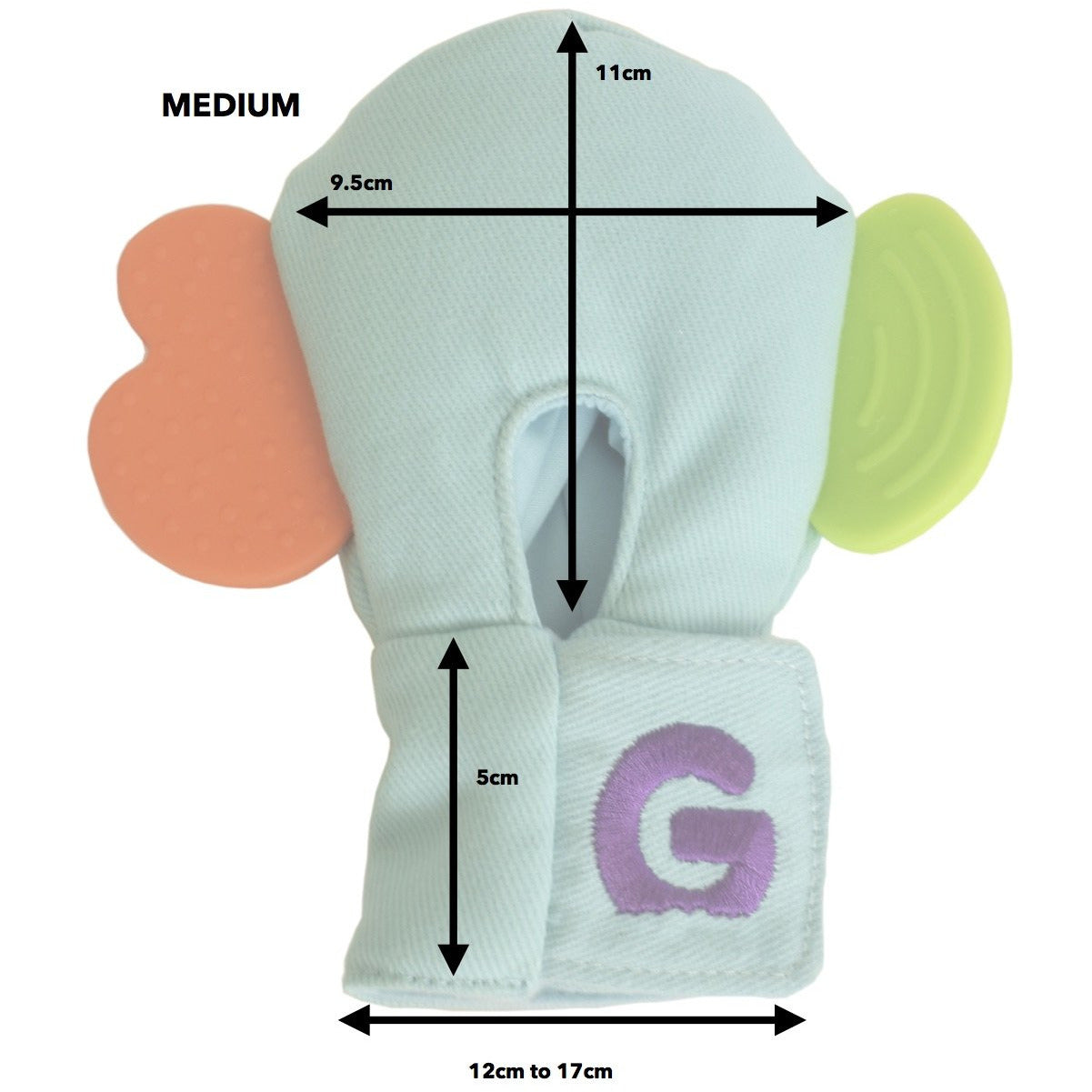 Gummee mouthing gloves for additional / special needs measurements of the glove