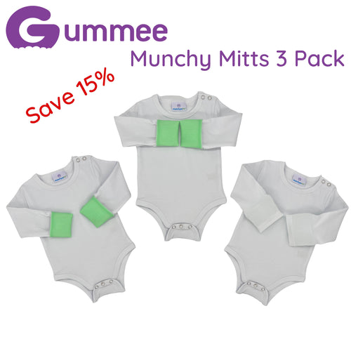 Munchy Mitts Baby-Strampler mit integrierten Silikon-Beißhandschuhen im 3er-Pack