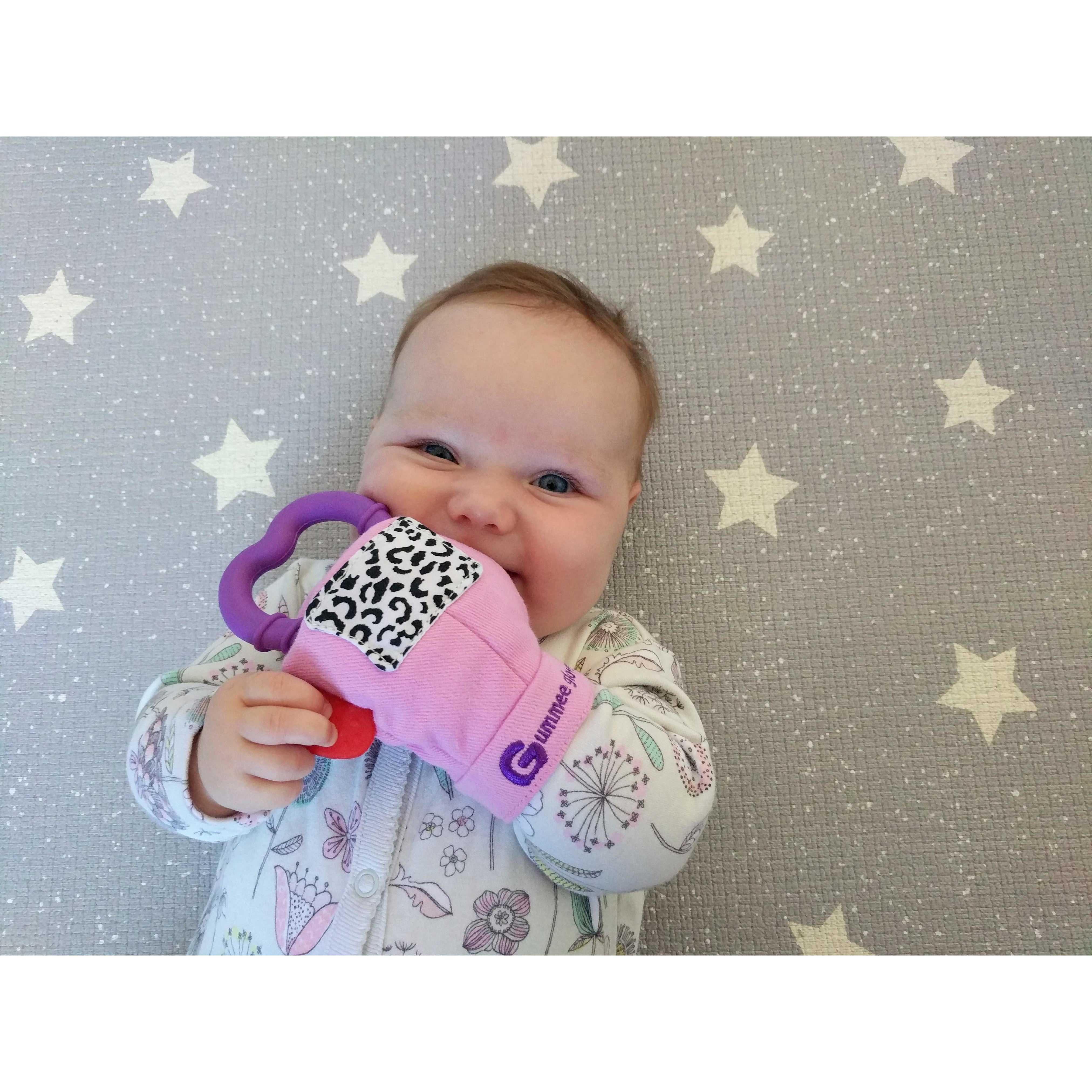gummee glove teething mitten for babies teething ring set with silicone baby teether perfect for baby shower gift in use