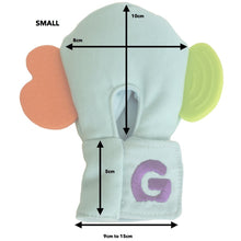 Load image into Gallery viewer, Gummee mouthing gloves for additional / special needs for any child that bites their hands measurements