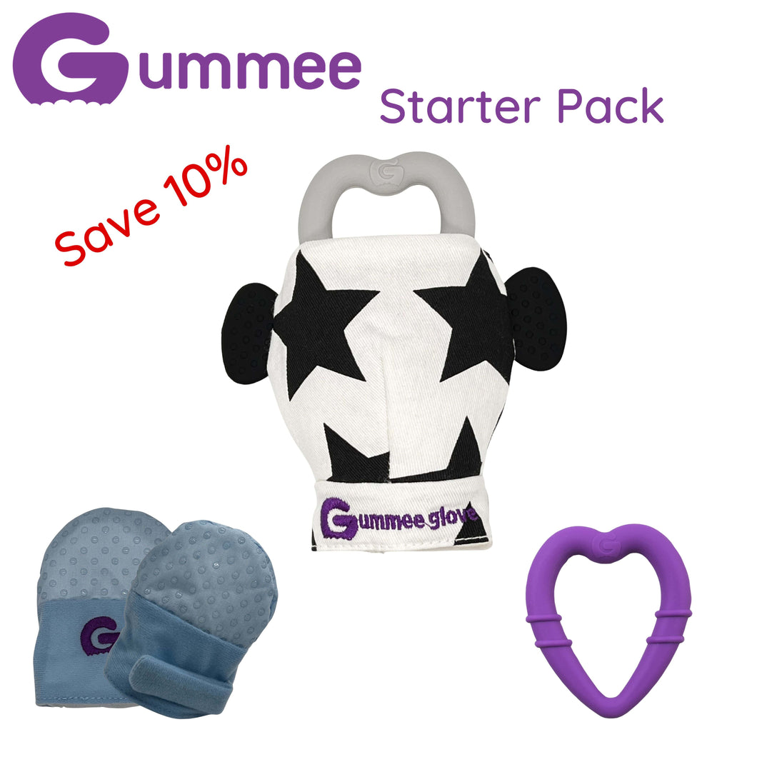 Gummee-Starterpaket – blaue Fäustlinge, Gummee-Handschuh schwarz/weiß und lila Herz