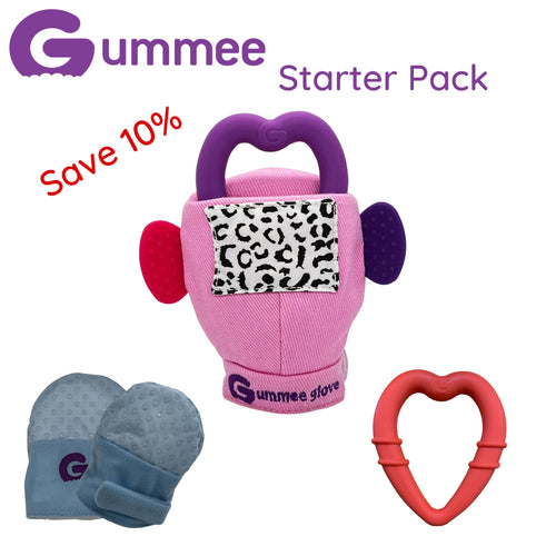 Gummee-Starterpaket – blaue Handschuhe, rosa Gummee-Handschuh und rotes Herz