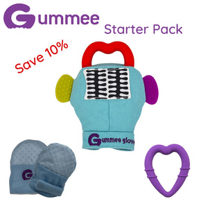 Gummee-Starterpaket – Blaue Handschuhe, Gummee-Handschuh Türkis und Lila Herz