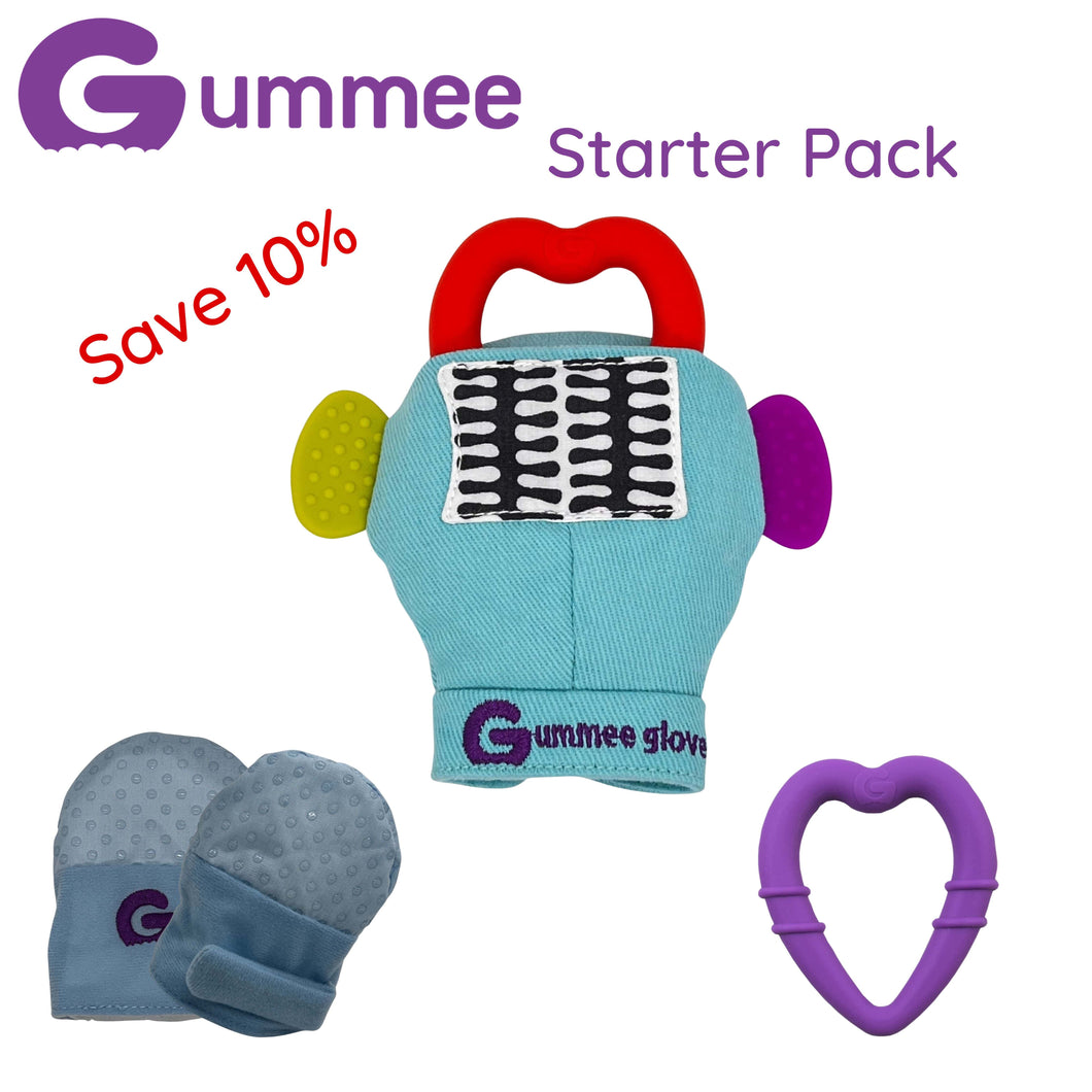 Gummee-Starterpaket – Blaue Handschuhe, Gummee-Handschuh Türkis und Lila Herz