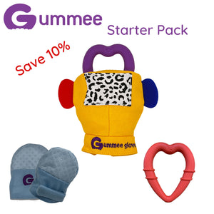Gummee-Starterpaket – blaue Handschuhe, gelber Gummee-Handschuh und rotes Herz