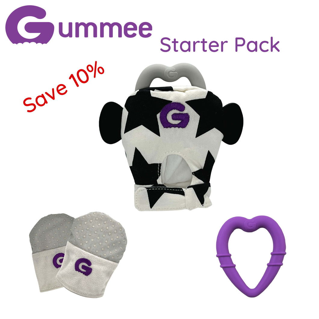Gummee-Starterpaket (graue Handschuhe, Gummee-Handschuh schwarz/weiß und lila Herz)