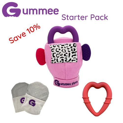 Gummee Starter Pack - Grey Mitts, Gummee Glove Pink and Red Heart