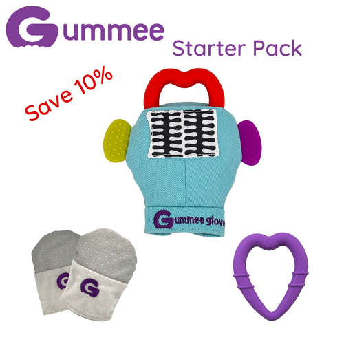 Gummee-Starterpaket (graue Handschuhe, türkisfarbener Gummee-Handschuh und lila Herz)