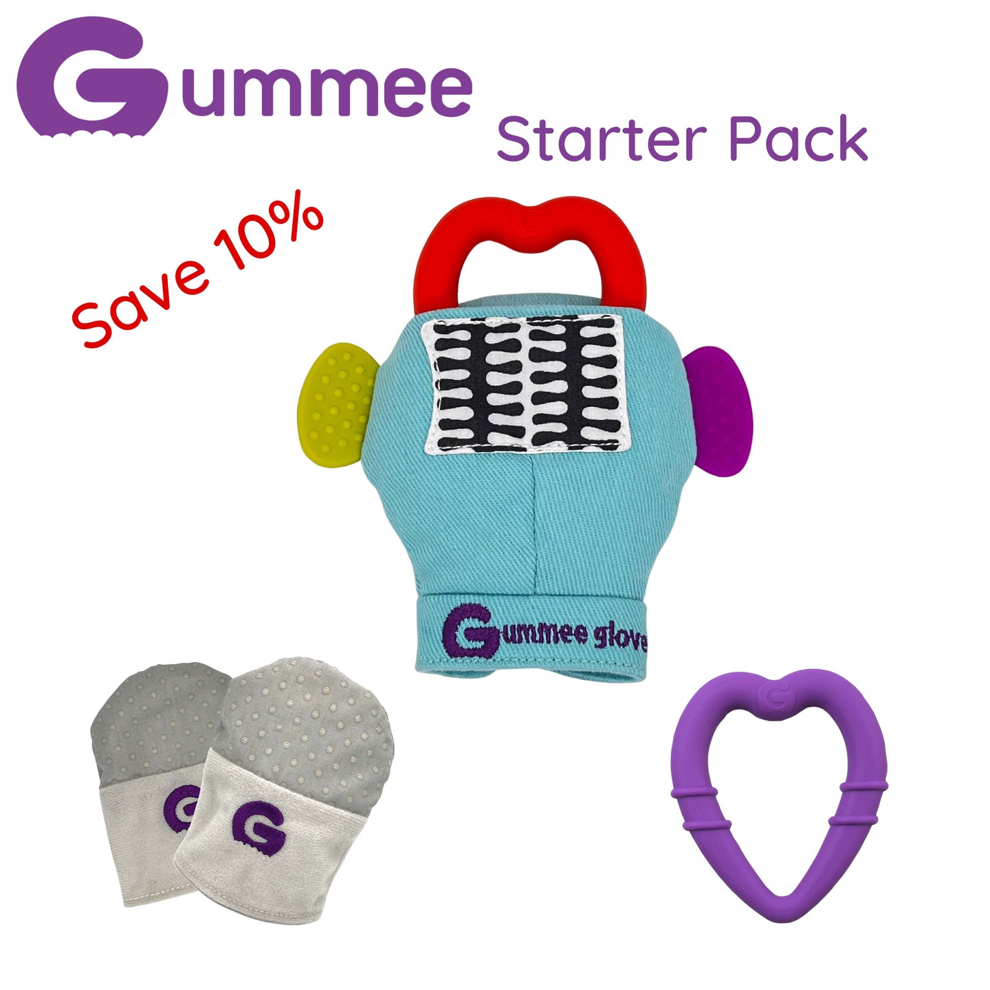 Gummee Starter Pack (Grey mitts, Gummee Glove turquoise and Purple Heart)