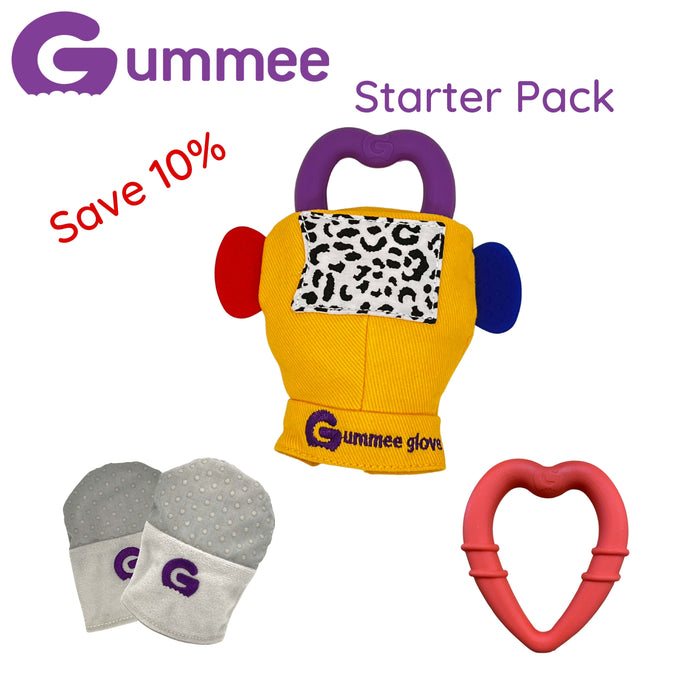 Gummee Starter Pack - Grey Mitts, Gummee Glove Yellow and Red Heart