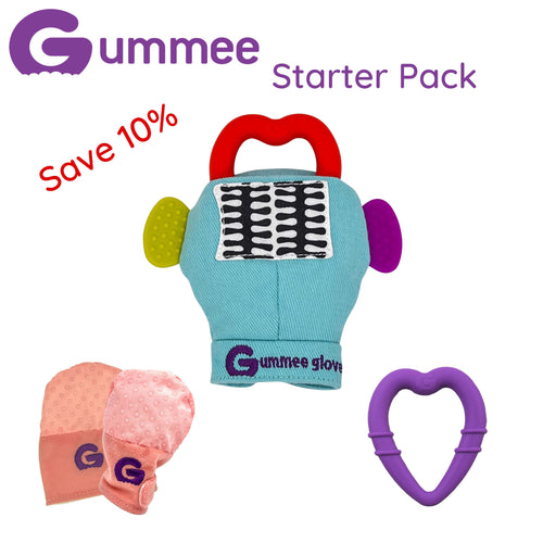 Gummee-Starterpaket (rosa Handschuhe, türkisfarbener Gummee-Handschuh und lila Herz)