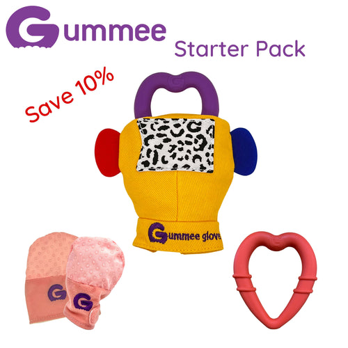 Gummee-Starterpaket – rosa Handschuhe, gelber Gummee-Handschuh und rotes Herz