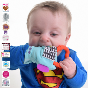 gummee glove teething mitten for babies teething ring set with silicone baby teether in use