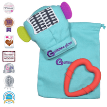 Load image into Gallery viewer, The Gummee Glove teething mitten with red heart teether and turquoise laundry / travel bag