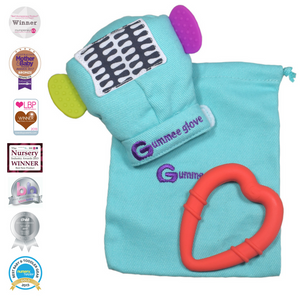 gummee glove teething mitten for babies teething ring set with silicone baby teether with detachable heart teether and laundry / travel bag