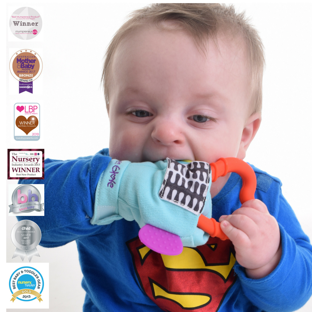 Gummee Double Pack – Turquoise & Pink Gummee Glove Teething Mittens (3-6 Months)