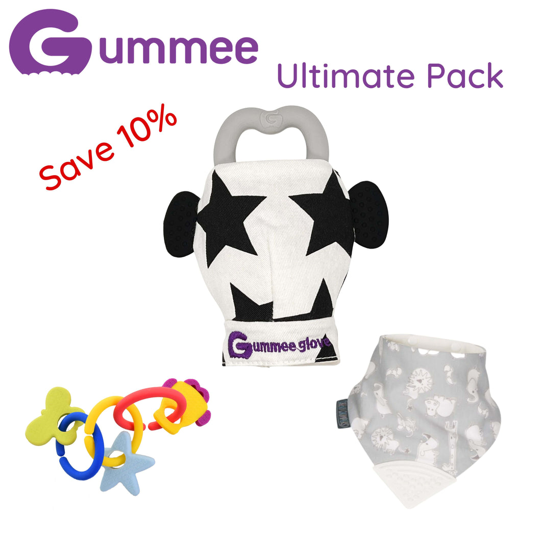 Gummee Ultimate Pack GG Schwarz/Weiß, Link N Teethe und Chewy Lätzchen