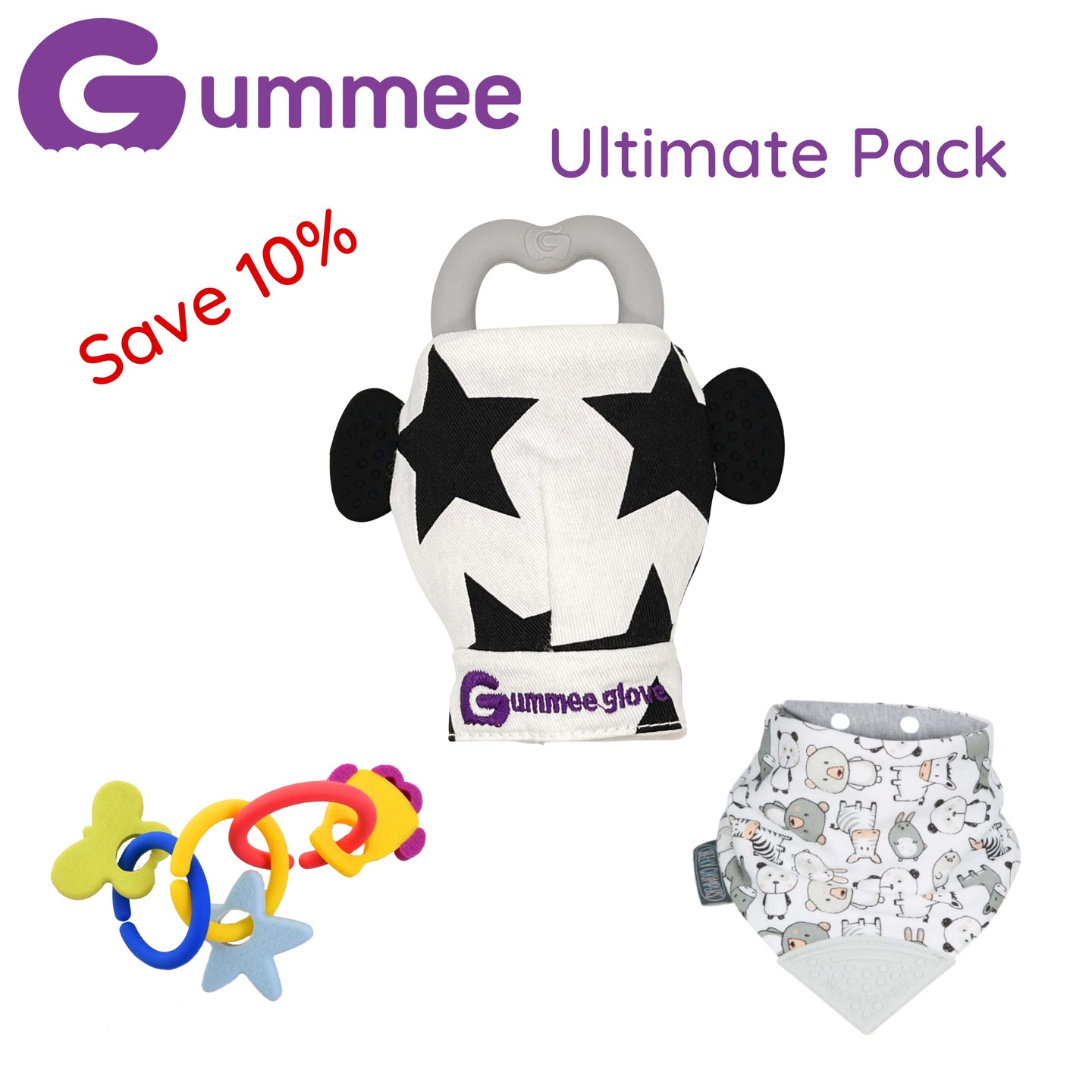 Gummee Ultimate Pack GG Schwarz/Weiß, Link N Teethe und Panda-Lätzchen