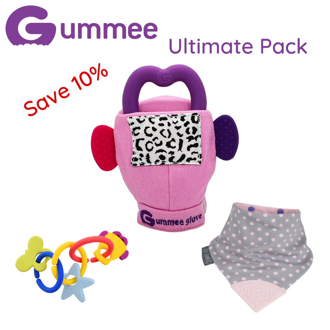 Gummee Ultimate Pack GG Pink, Link N Teethe und Polka Lätzchen