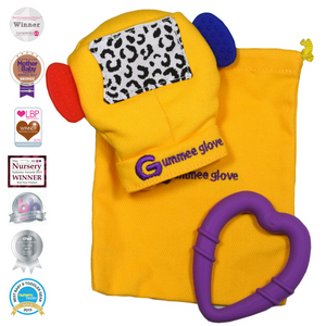 gummee glove teething mitten for babies teething ring set with silicone baby teether with detachable heart teether and laundry / travel bag